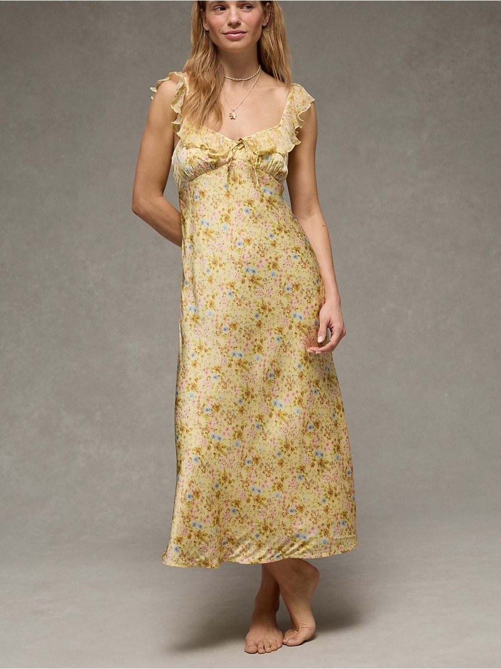 NEW Gold Silk Ruffle Strap Midi Dress AE American Eagle Yellow Floral S